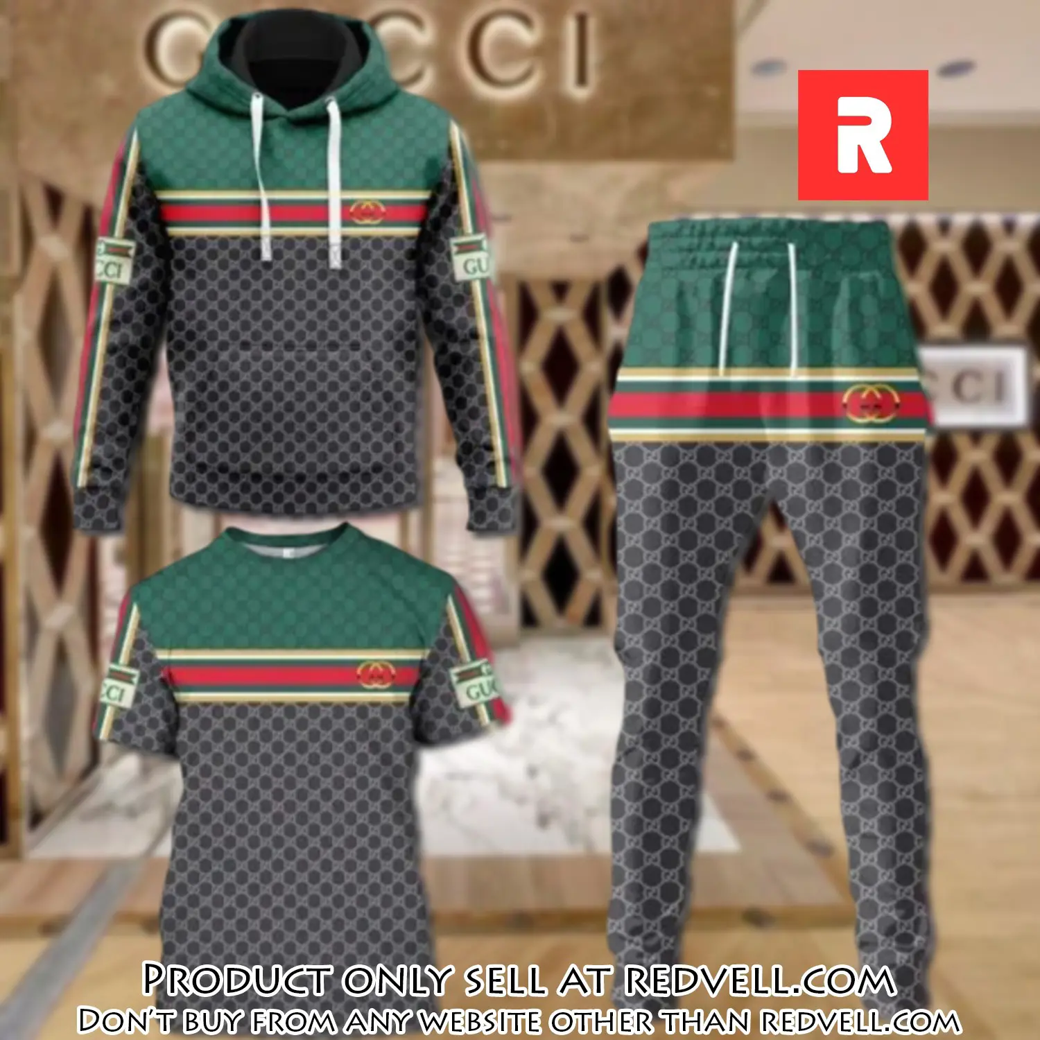 Gucci pattern unisex tshirt hoodie long pants set luxury brand clothing special gift outfit for men women rv4453944